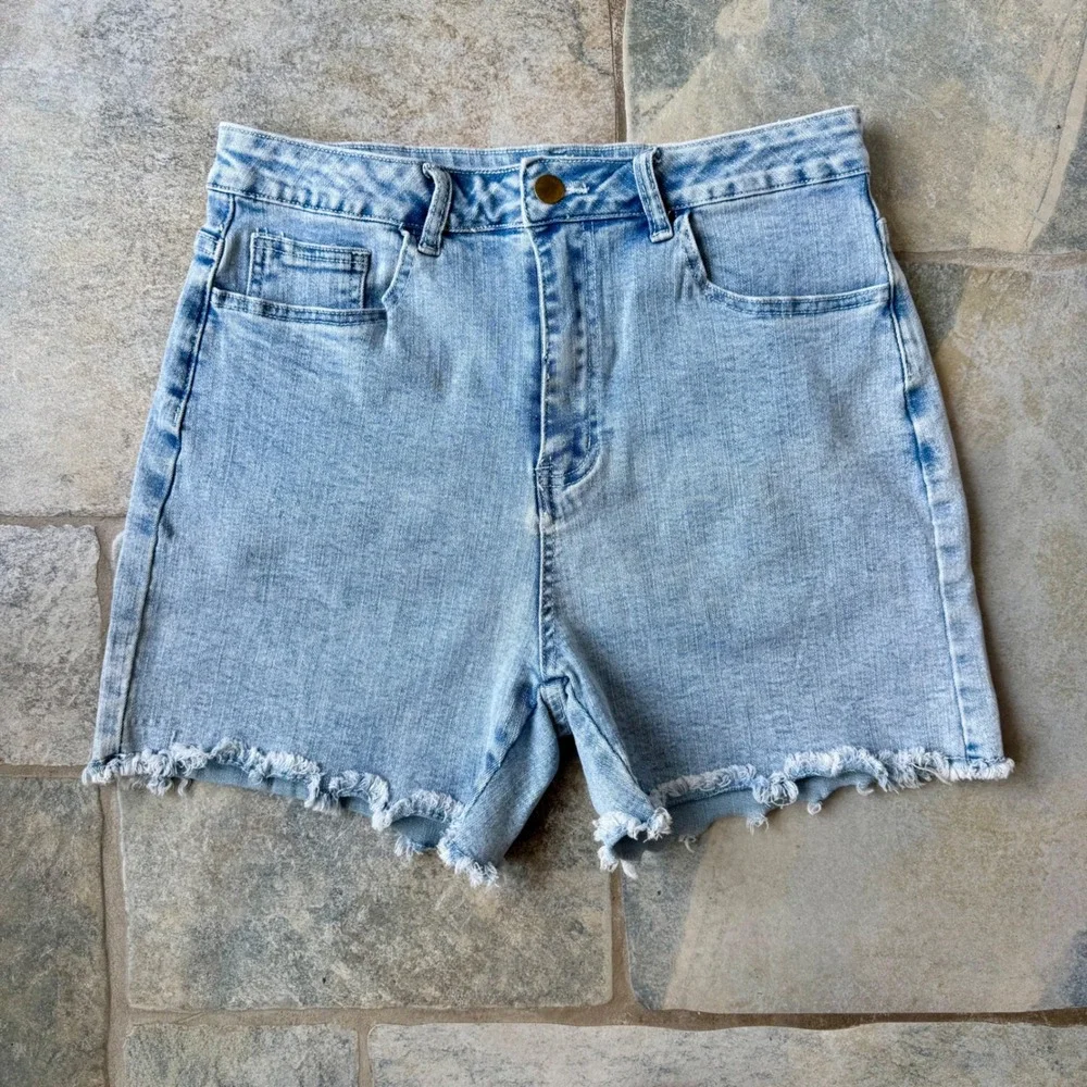 Jasambac Denim Shorts High Waist Frayed‎ Hem Light Wash Blue Mom Stretch Jean M